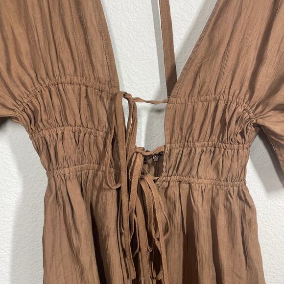 Solai Size Small Drawstring Waist Tie Back Romper Brown Cut Out Short Sleeves - Picture 5 of 11